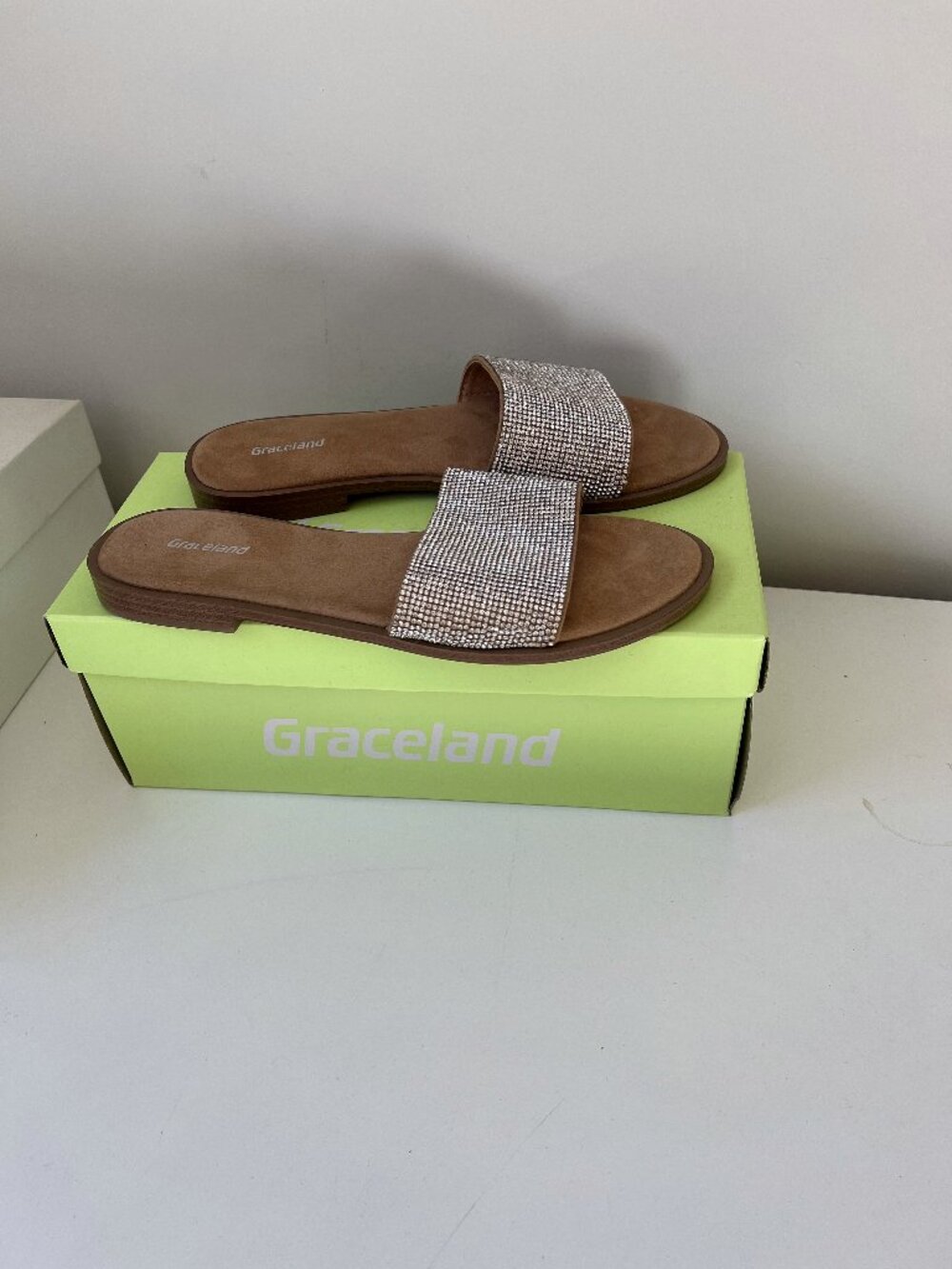 Graceland Crystal Rhinestone Slide Sandals — Tan Suede Footbed